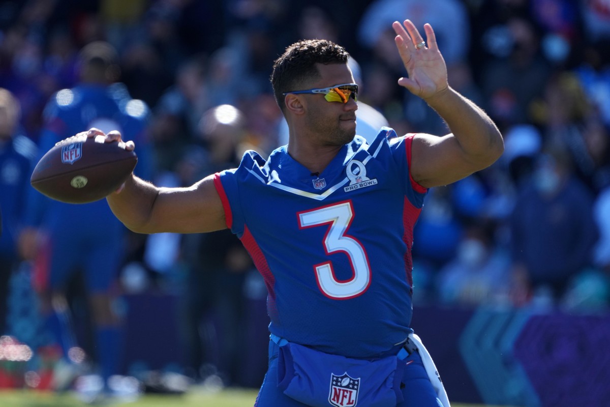 Feb 4, 2022; Las Vegas, NV, USA; Seattle Seahawks quarterback Russell Wilson (3) throws the ball during NFC practice at the Las Vegas Ballpark. Mandatory Credit: Kirby Lee-USA TODAY Sports